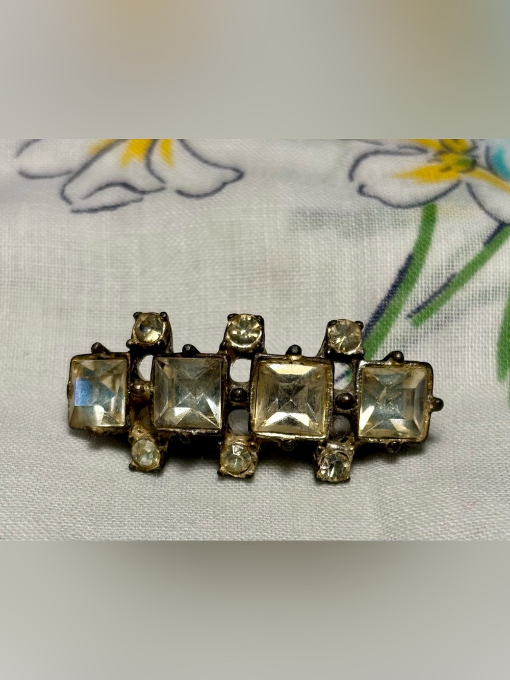 Antique Art Deco Clear Paste Glass Bar Brooch Square Stones C-Clasp